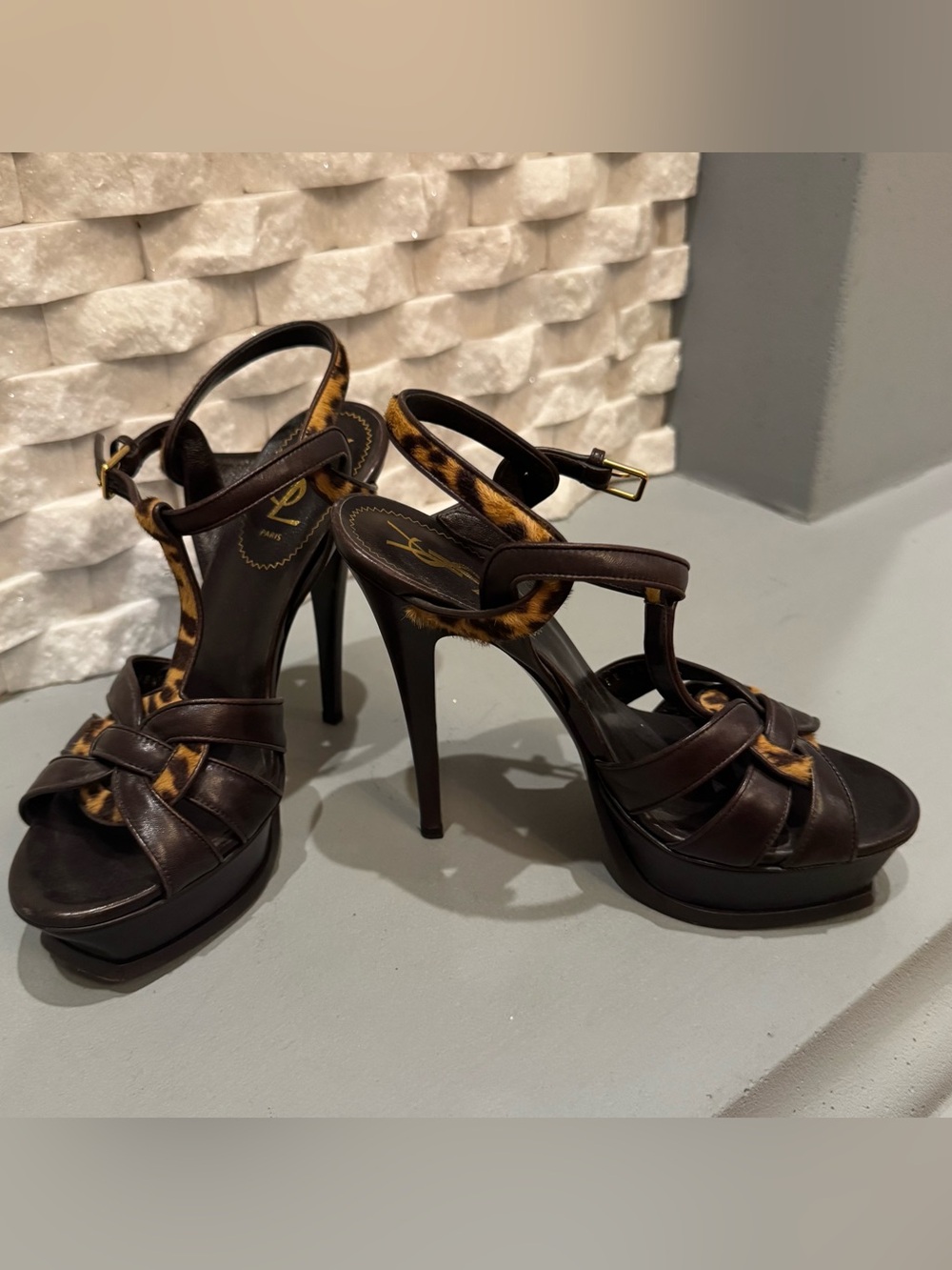 Saint Laurent Dark Brown Leather Platform Heels with Leopard Accent